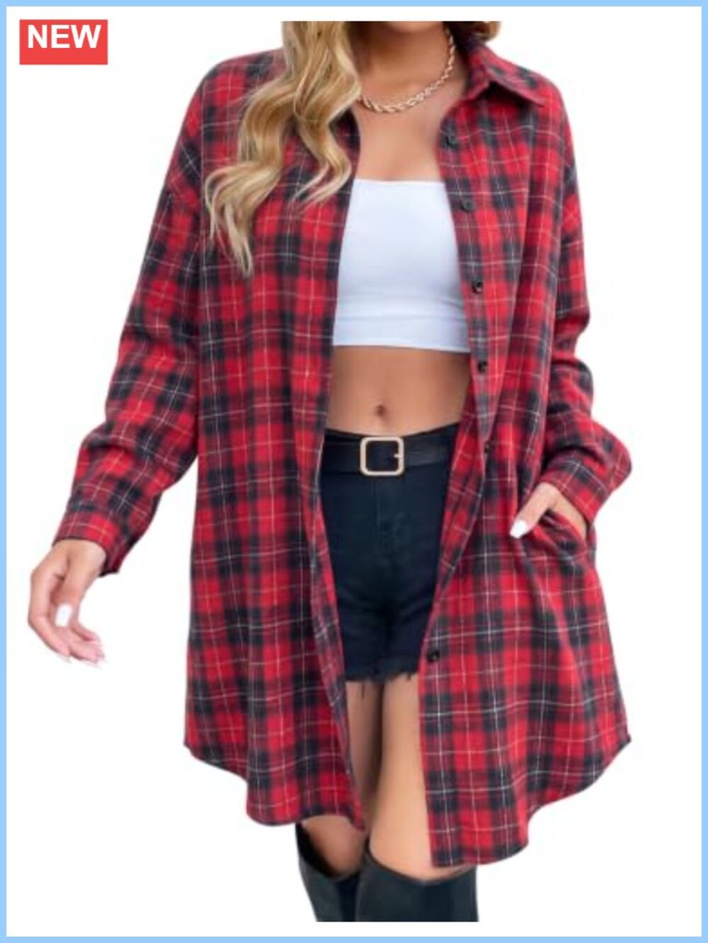 Womens Plaid Flannel Shirt Long Sleeve Button Down Tunic Midi